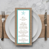 Türkisblaues "Starfish Burlap Beach Wedding Menu" Werbekarte