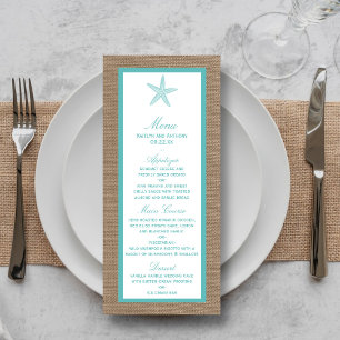 Türkisblaues "Starfish Burlap Beach Wedding Menu" Werbekarte