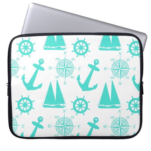 Türkisblaues weißes Küstenschiff Laptopschutzhülle (Vorderseite)