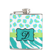Türkisblaues Weißes Zebra Leopard-Monogramm Flachmann (Vorderseite)
