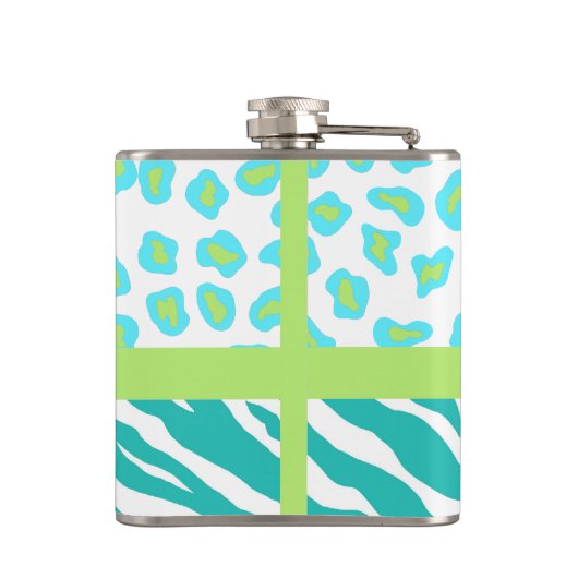 Türkisblaues Weißes Zebra Leopard-Monogramm Flachmann (Rückseite)