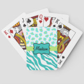 Türkisblaues Weißes Zebra Leopard-Monogramm Spielkarten (Rückseite)