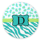 Türkisblaues Zebra Leopard-Monogramm Keramikknauf (Vorderseite)