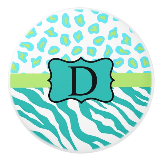 Türkisblaues Zebra Leopard-Monogramm Keramikknauf (Vorderseite)