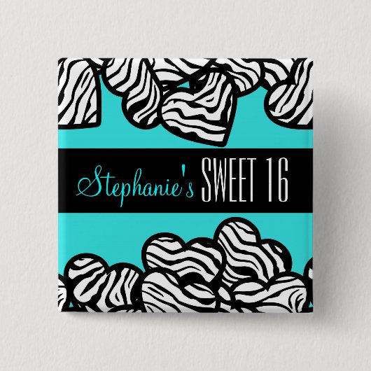 Türkisblaues Zebraherz Sweet 16 Birthday Button (Vorderseite)