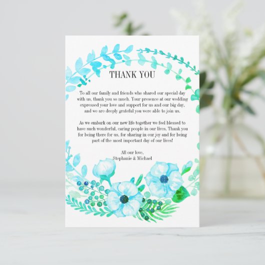 Türkisblume Hochzeit Dankeskarte (Stehend Vorderseite)