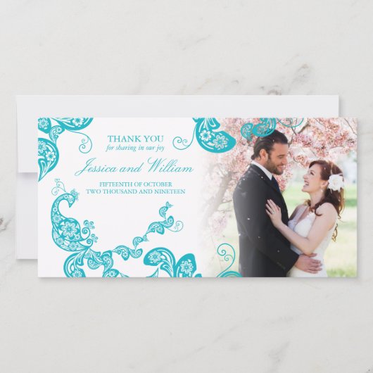Türkisblume Pfau Elegantes Foto Hochzeit Dankeskarte (Vorderseite)