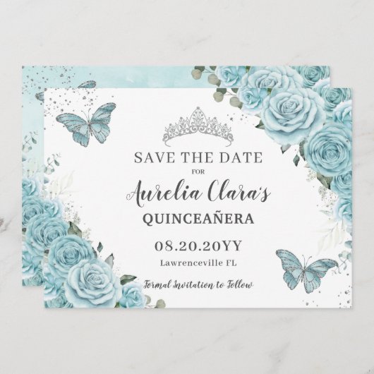 Türkisblume Quinceanera Süße 16 Schmetterlinge Save The Date (Vorne/Hinten)