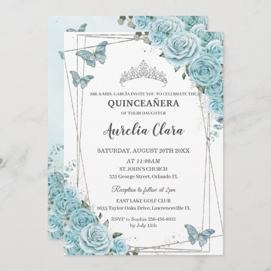 Türkisblütenschmetterlinge Silver Quinceañera Einladung (Vorne/Hinten)