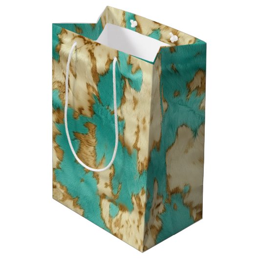 Türkisbraun Creme Animal Cowhide Western Mittlere Geschenktüte (Rückseite Schrägansicht)