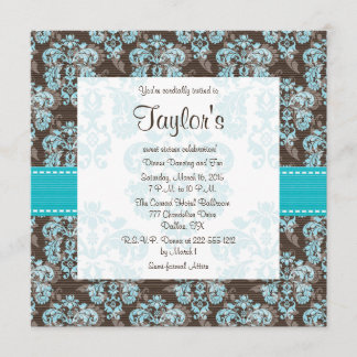 Türkisbraun Damask 16 . Geburtstag Einladungen