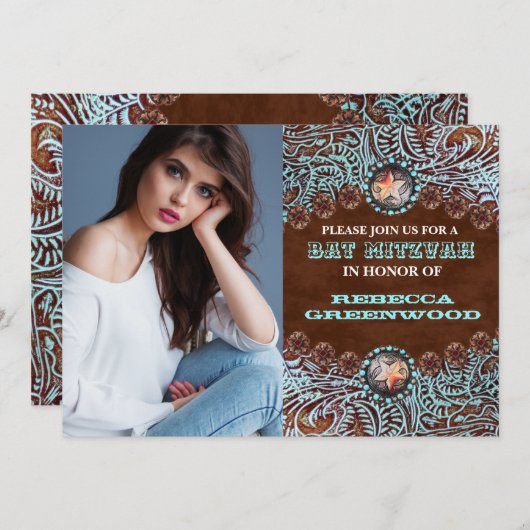Türkisbraun Western Land BAT MITZVAH Einladung (Vorne/Hinten)