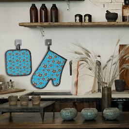 Türkisbraune natürliche Blume Ofenhandschuh & Topflappen-Set