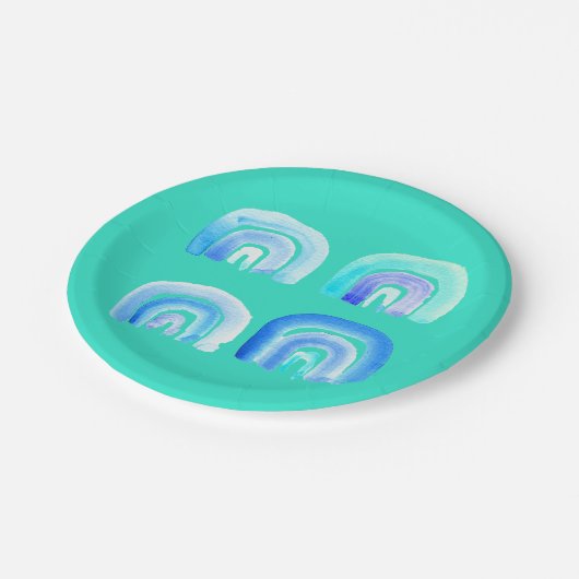 Türkisch-blaues Regenbogenretro Pappteller (Schrägansicht)