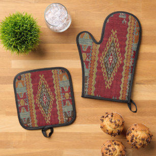Türkisch Kilim Tepet Rug Ofenhandschuh & Topflappen-Set
