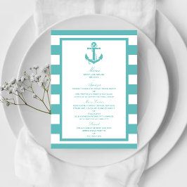 Türkisch-türkisfarbene Stripe Anchor Wedding Menu Menükarte