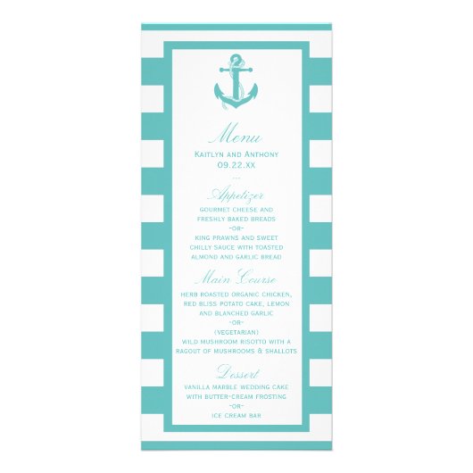 Türkisch-türkisfarbene Stripe Anchor Wedding Menu Werbekarte (Vorne)