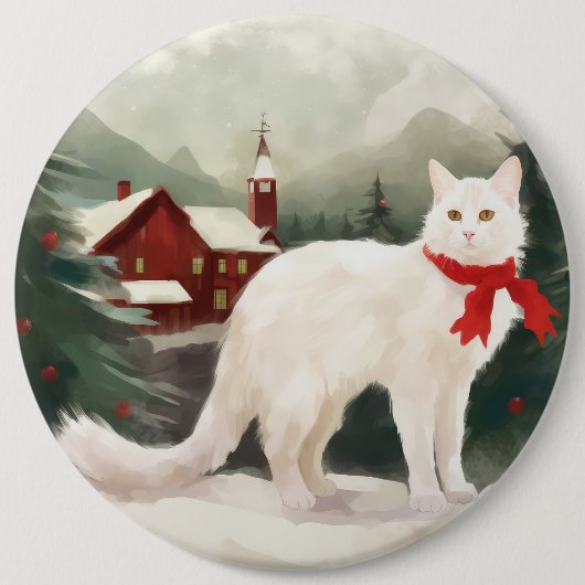 Türkische Angora Katze im Schnee Weihnachten Button (Vorderseite)