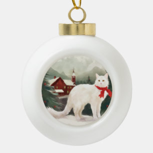 Türkische Angora Katze im Schnee Weihnachten Keramik Kugel-Ornament