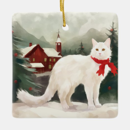 Türkische Angora Katze im Schnee Weihnachten Keramikornament (Vorderseite)