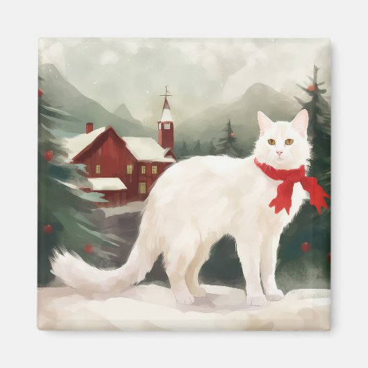 Türkische Angora Katze im Schnee Weihnachten Magnet (Vorne)