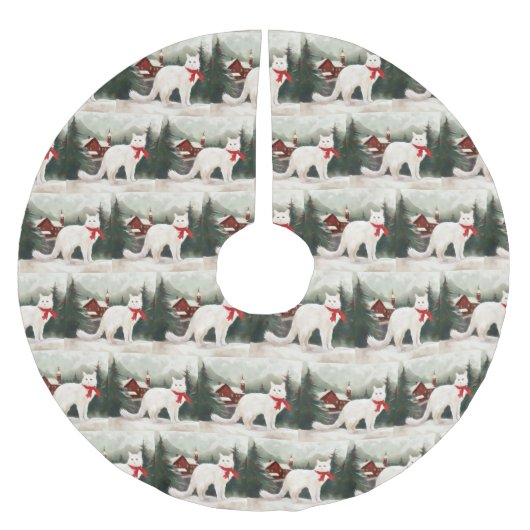 Türkische Angora Katze im Schnee Weihnachten Polyester Weihnachtsbaumdecke (Vorderseite)