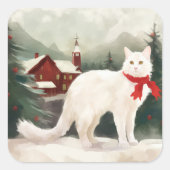 Türkische Angora Katze im Schnee Weihnachten Quadratischer Aufkleber (Vorderseite)