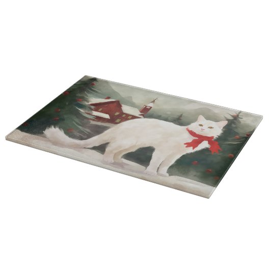 Türkische Angora Katze im Schnee Weihnachten Schneidebrett (Ecke)