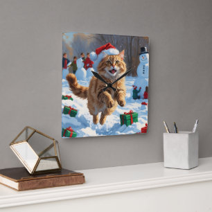 Türkische Angora-Katze läuft im Schnee Weihnachtsm Quadratische Wanduhr