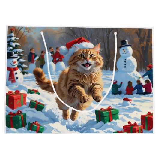 Türkische Angora Katze läuft in Schnee Weihnachtsh Große Geschenktüte (Rückseite)