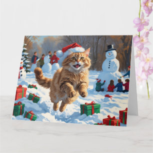 Türkische Angora Katze läuft in Schnee Weihnachtsh Karte