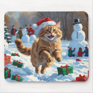 Türkische Angora Katze läuft in Schnee Weihnachtsh Mousepad