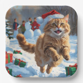 Türkische Angora Katze läuft in Schnee Weihnachtsh Pappteller (Vorderseite)