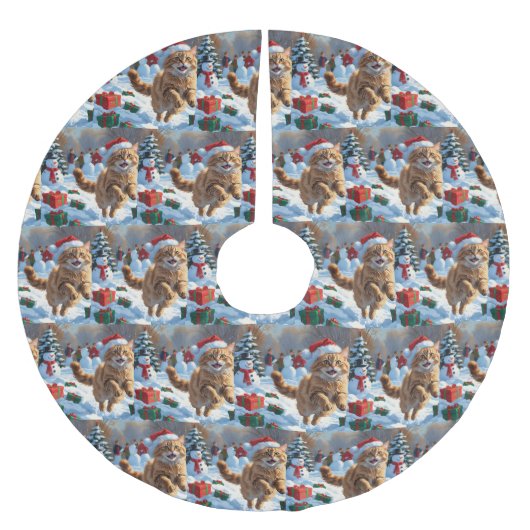 Türkische Angora Katze läuft in Schnee Weihnachtsh Polyester Weihnachtsbaumdecke (Vorderseite)