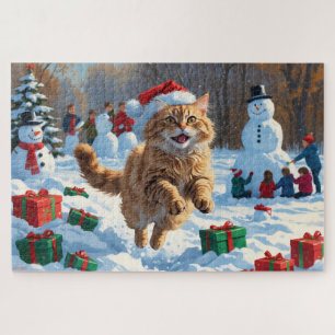Türkische Angora Katze läuft in Schnee Weihnachtsh Puzzle