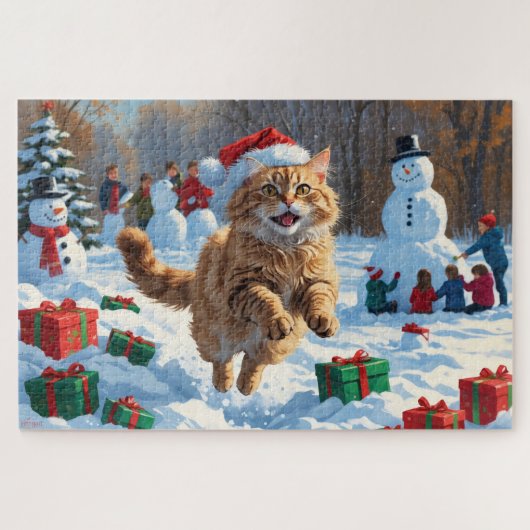 Türkische Angora Katze läuft in Schnee Weihnachtsh Puzzle (Horizontal)