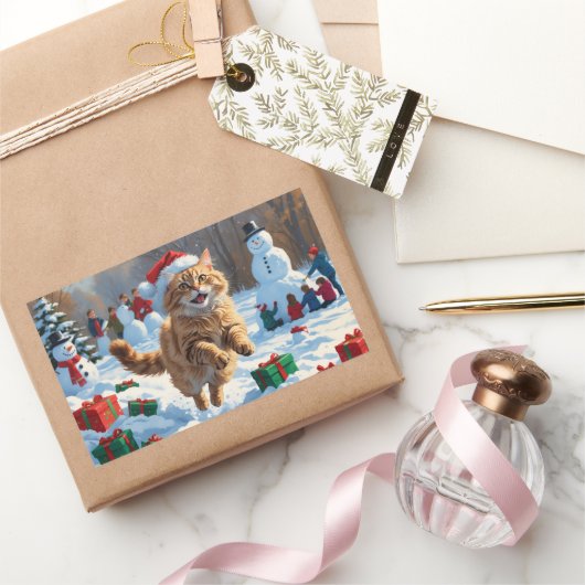 Türkische Angora Katze läuft in Schnee Weihnachtsh Rechteckiger Aufkleber (Schenken)