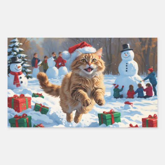 Türkische Angora Katze läuft in Schnee Weihnachtsh Rechteckiger Aufkleber (Vorderseite)