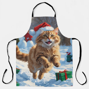 Türkische Angora Katze läuft in Schnee Weihnachtsh Schürze