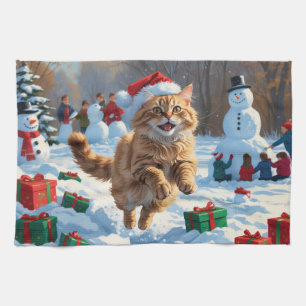 Türkische Angora-Katze läuft in Schnee-Weihnachtsm Geschirrtuch