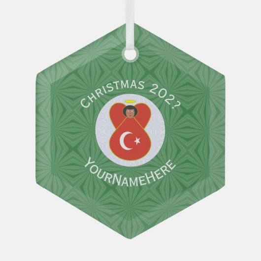Türkische Flagge Weihnachts Angel Name Jahr Hexago Ornament Aus Glas (Vorderseite)