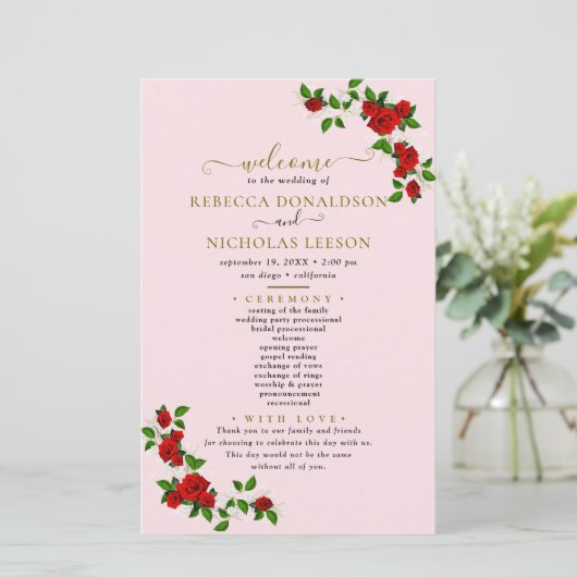 Türkische Rose Blume Botanisches Hochzeitsprogramm (Stehend Vorderseite)