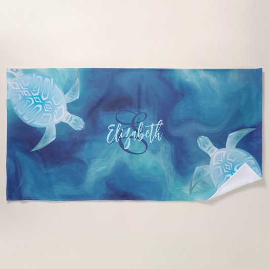 Türkische Tribal Blue Watercolor Monogram Strandtuch (Vorderseite)
