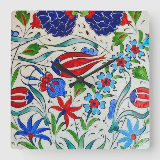Türkisches Blumendesign Quadratische Wanduhr (Vorderseite)
