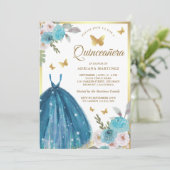 Türkisches Blumenkleid Butterfly Gold Quinceanera Einladung (Stehend Vorderseite)