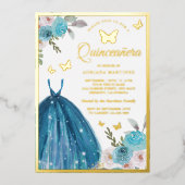 Türkisches Blumenkleid Butterfly Quinceanera Gold Folieneinladung (Vorderseite)