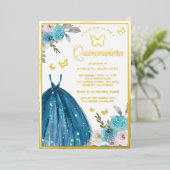 Türkisches Blumenkleid Butterfly Quinceanera Gold Folieneinladung (Stehend vorne)