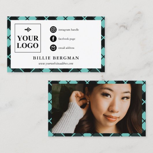 Türkisches Kariertes Social Media-Logo und Foto Visitenkarte (Vorne/Hinten)
