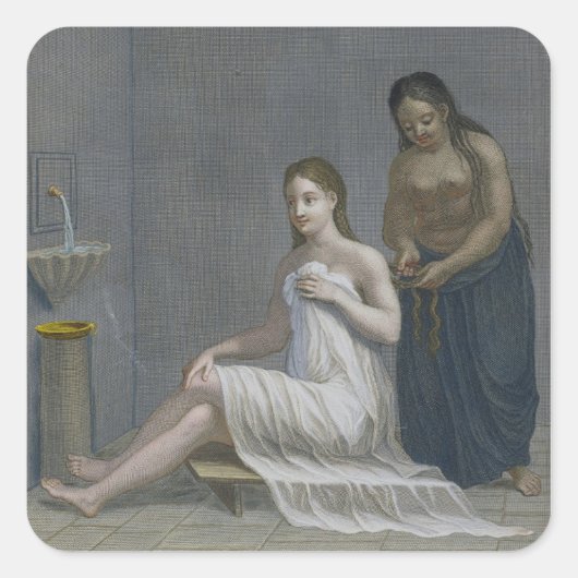 Türkisches Mädchen, das sich die Haare in den Bäde Quadratischer Aufkleber (Vorderseite)