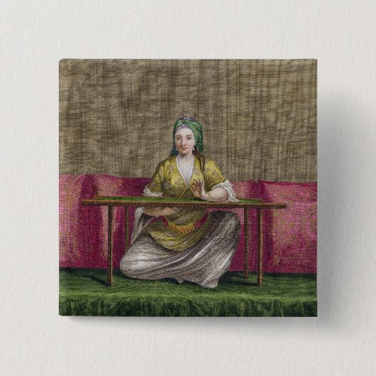 Türkisches Mädchen, stickend, 18. Jahrhundert Button (Vorderseite)